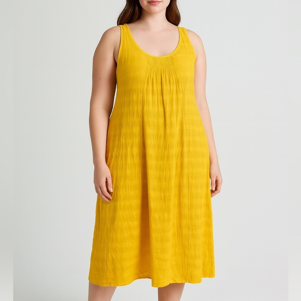 Eileen Fisher Linen Midi Dress Size Large Petite Marigold Yellow Sleeveless